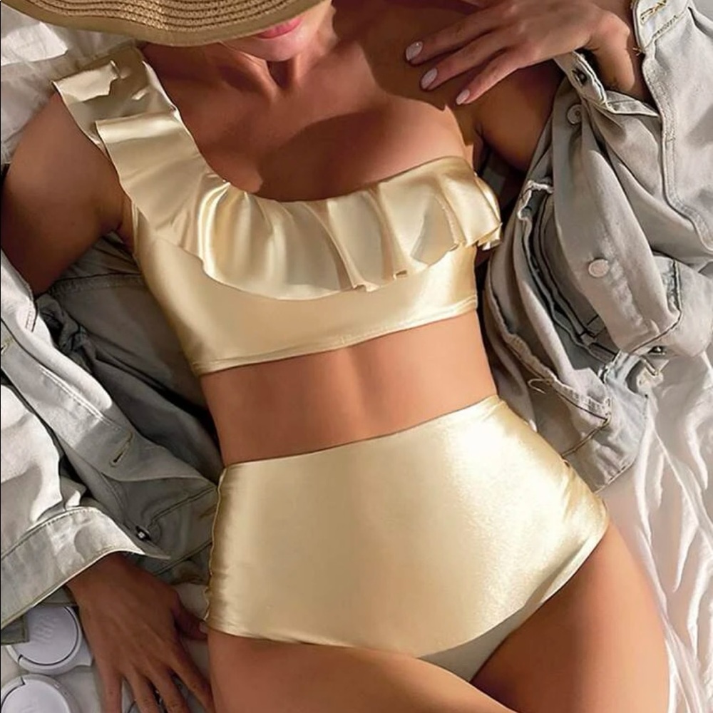 Gold High-Waisted Ruffled One-Shoulder Bikini